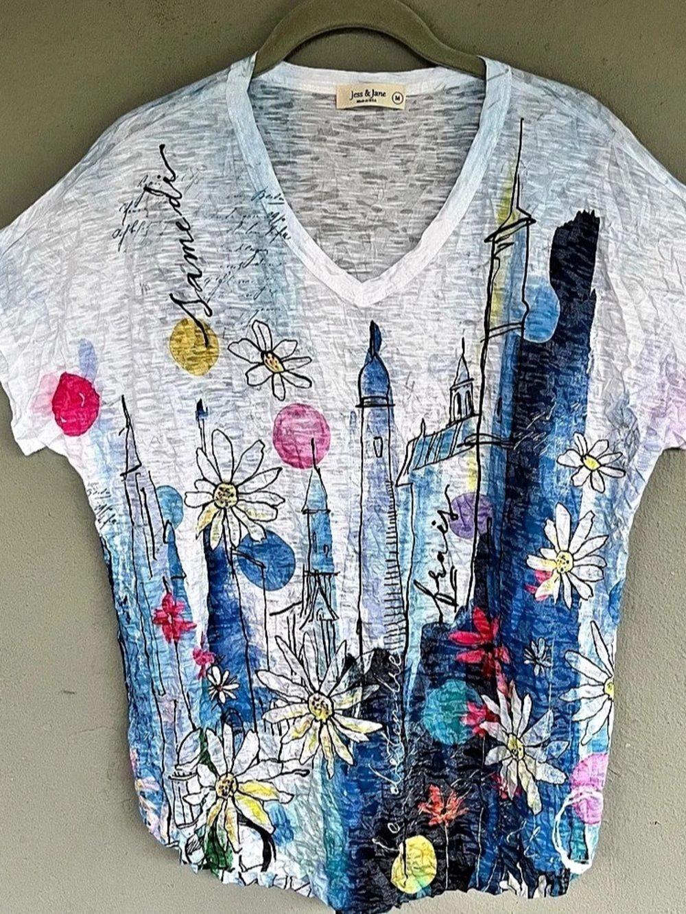 Jess & Jane Saturday Crushed Knit Top Women M V Neck All Over Graphic Artsy Boho